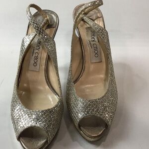 Women’s Jimmy Choo Gold Snake Print Leather Peep Toe Sling Back High Heels 36